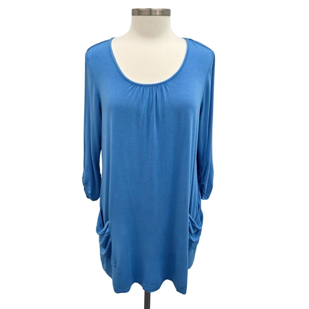 LOGO Lori Goldstein Womens Blue Scoop Neck Tunic Top With Pockets 3/4 Sleeve M